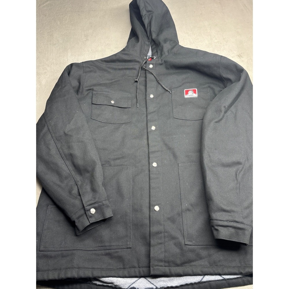 Ben Davis Mens Black Hooded Fleece Lined Snap Front Work Jacket Chore Coat 3XL
